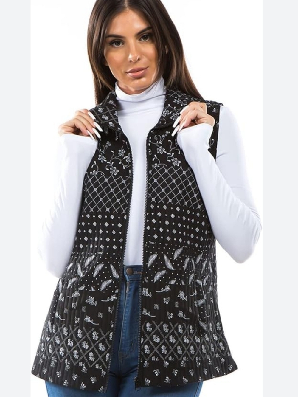 NWT Young Threads Quilted  Black Printed Full Zip Vest